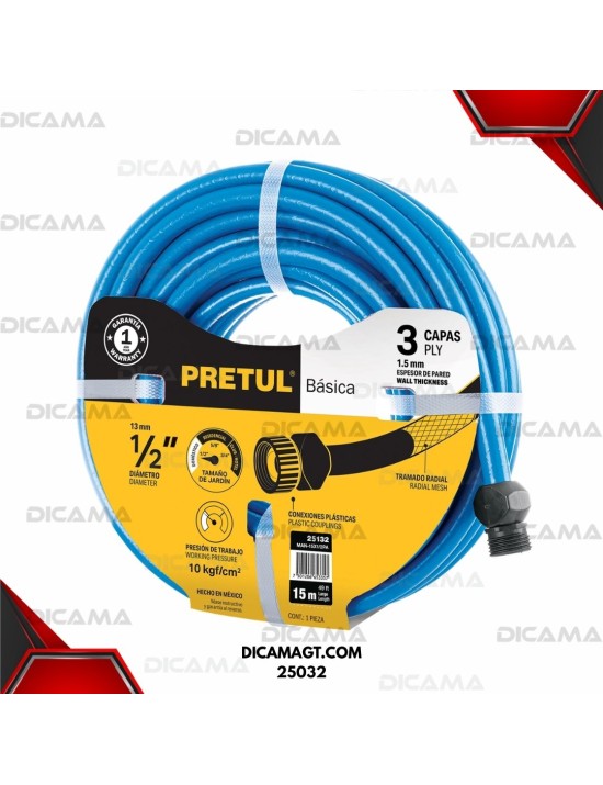 MANGUERA PARA AGUA 1/2X15 MTS 2 CAPAS AZUL PRETUL 25032
