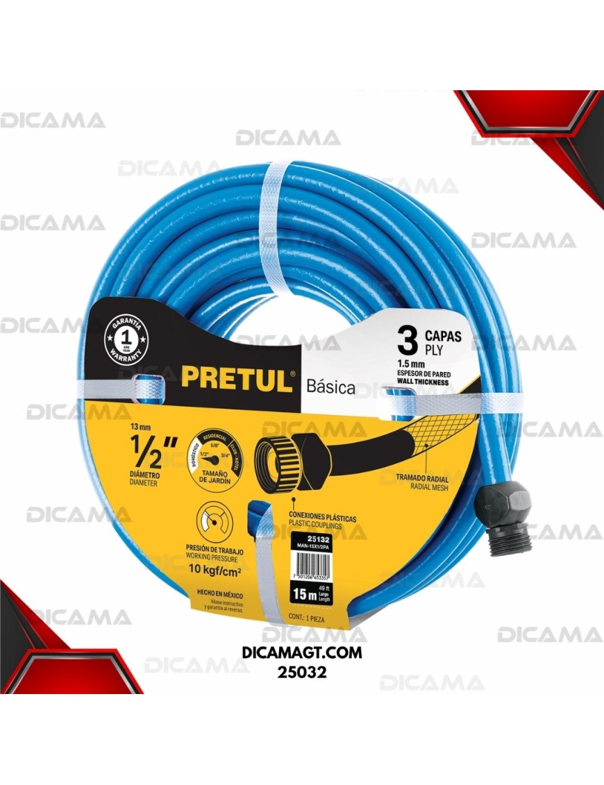 MANGUERA PARA AGUA 1/2X15 MTS 2 CAPAS AZUL PRETUL 25032
