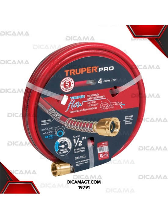 MANGUERA PARA AGUA 1/2X15 MTS 4 CAPAS ROJA TRUPER 19791
