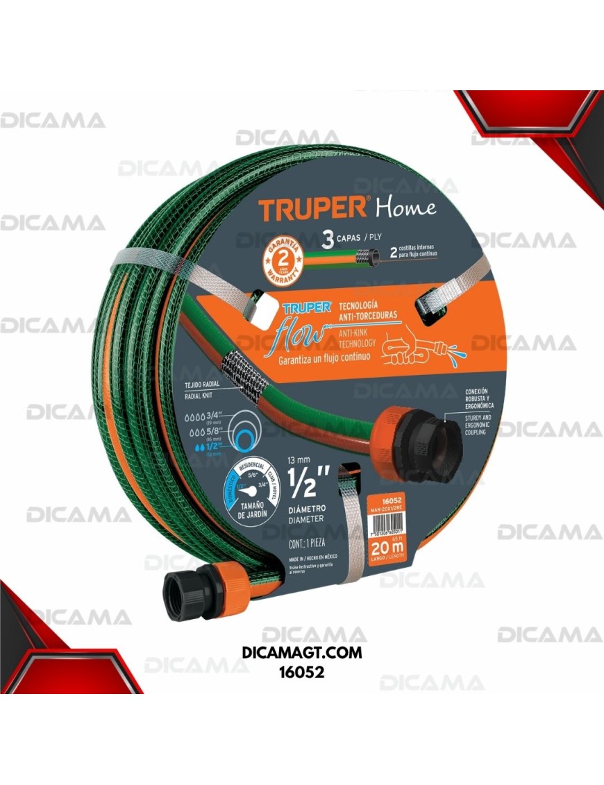 MANGUERA PARA AGUA 1/2X20 MTS  3 CAPAS TRUPER 16052