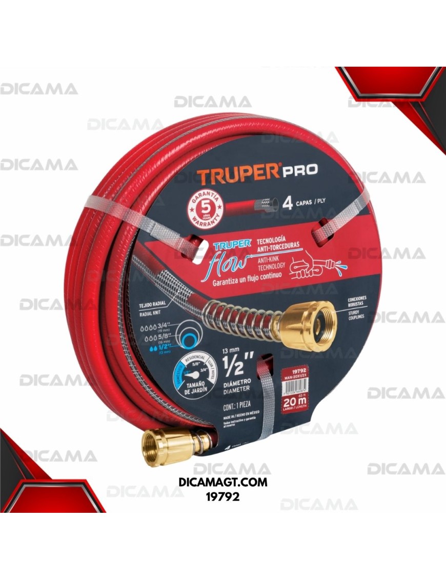 MANGUERA PARA AGUA 1/2X20 MTS 4 CAPAS ROJA TRUPER 19792