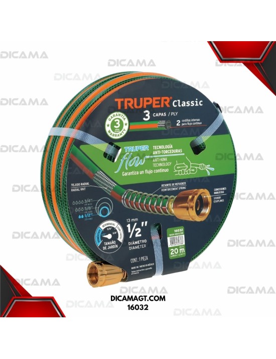 MANGUERA PARA AGUA 1/2X20 MTS 3 CAPAS REFORZADA TRUPER 16032