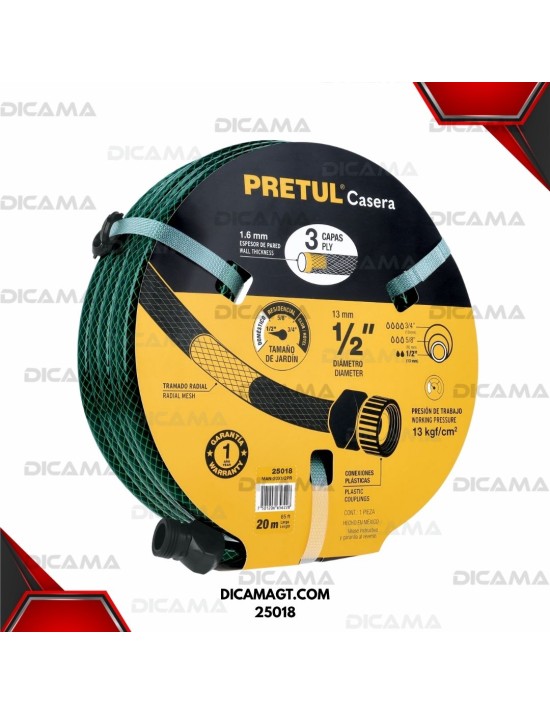 MANGUERA PARA AGUA 1/2X20 MTS 3 CAPAS PRETUL 25018