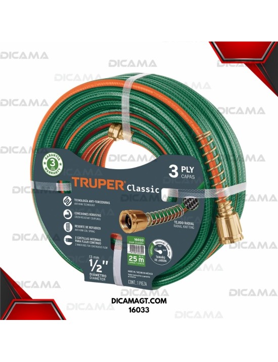 MANGUERA PARA AGUA 1/2X25 MTS REFORZADA TRUPER 16033