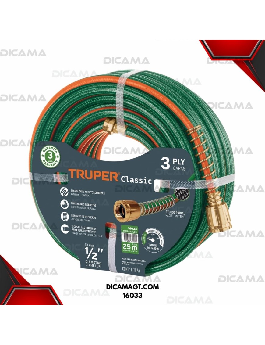 MANGUERA PARA AGUA 1/2X25 MTS REFORZADA TRUPER 16033