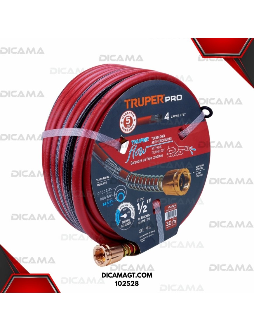 MANGUERA PARA AGUA 1/2X30 MTS  4 CAPAS TRUPER 102528