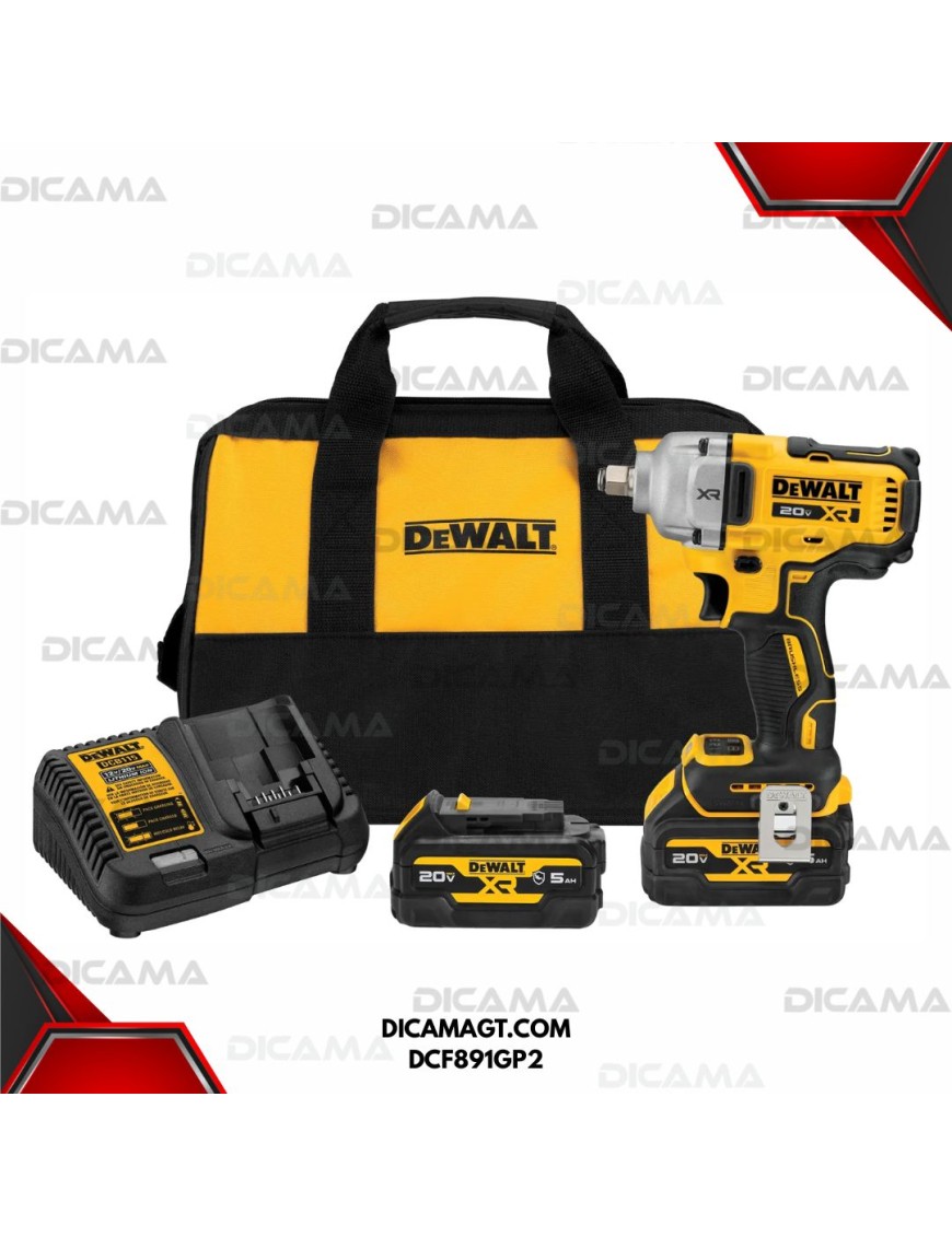 PISTOLA DE IMPACTO RAIZ 1/2 INALAMBRICA 600 LBS 20V. SIN CARBONES 2 BAT Y BOLSO DEWALT DCF891GP2