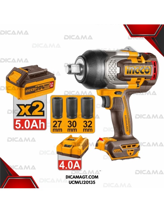 PISTOLA DE IMPACTO RAIZ 3/4 INALAMBRICA 1350NM 20V CON DOS BATERIAS 5.0AH Y COPAS E INGCO UCIWLI20135