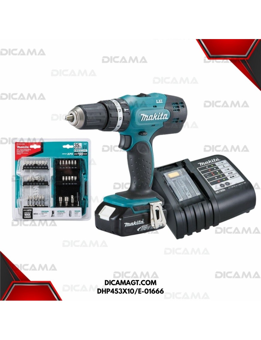 BARRENO 1/2 13MM INALAMBRICO+BROCAS 35PCS MAKITA DHP453X10/E-01666