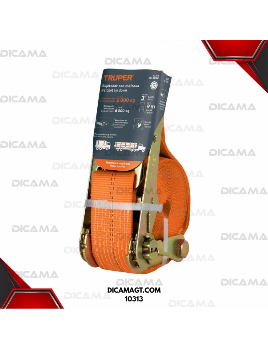CINCHO PARA CARGA 1 PZAS CON RACTH 9 MTS 6000 KG TRUPER 10313