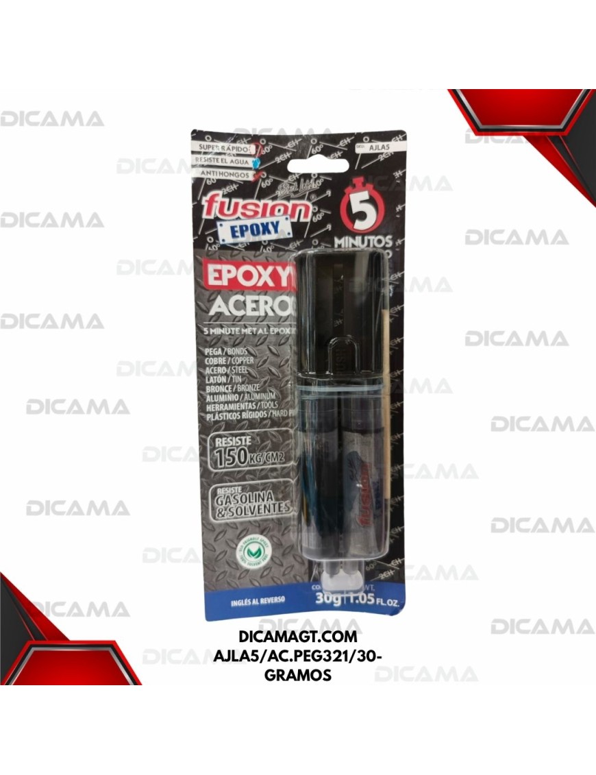 PEGAMENTO JERINGA ACERO 5 MIN COBRE ACERO LATON ALUMINIO FUSION EPOXI AJLA5/AC.PEG321/30-GRAMOS