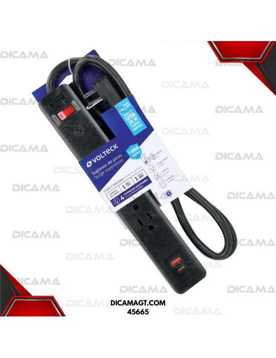 REGLETA 4 ENTRADAS,1 USB A + 1 USB C, NEGRO VOLTECK 45665