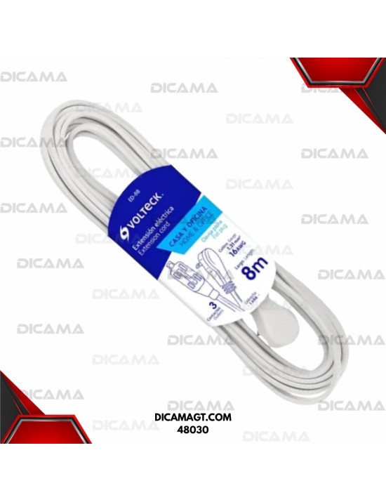 EXTENSION ELECTRICA 8 METROS DOMÉSTICA BLANCA CON CLAVIJA PLANA TRUPER 48030