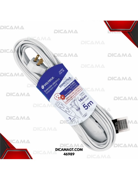 EXTENSION ELECTRICA 5 METROS BLANCA CON CLAVIJA PLANA VOLTECK 46989