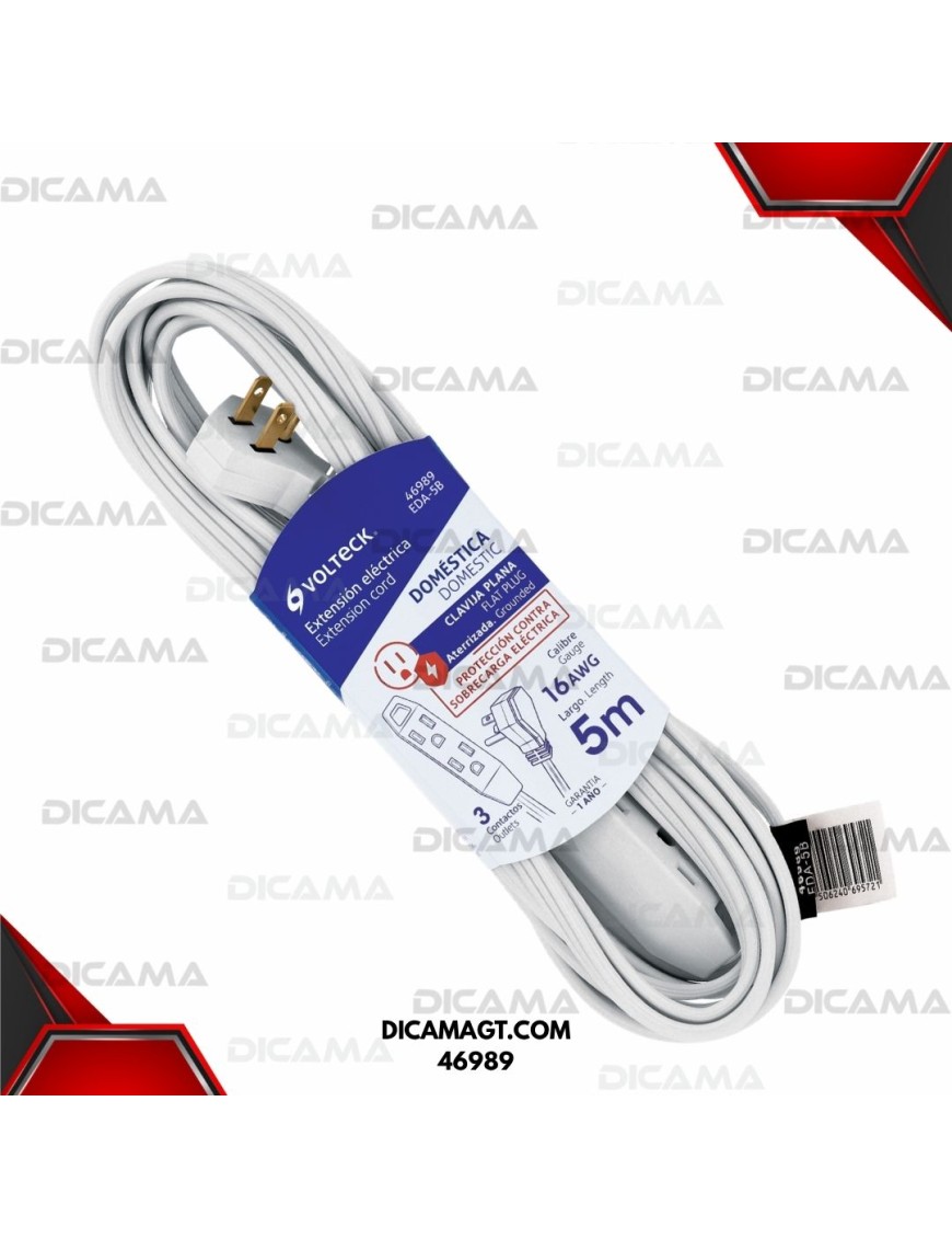 EXTENSION ELECTRICA 5 METROS BLANCA CON CLAVIJA PLANA VOLTECK 46989