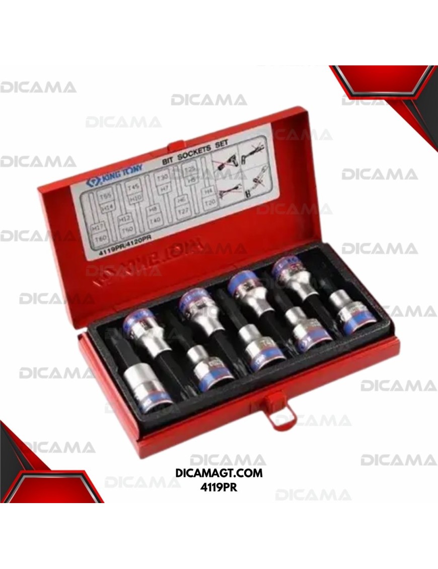 JUEGO DE COPAS PUNTA TORX LARGAS RAIZ 1/2 T20-T60 PZS KING TONY 4119PR