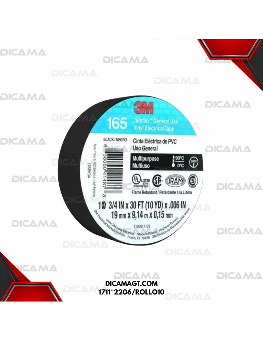 CINTA ELECTRICA TEMPLEX NEGRA 18*30 (19MM X 9.14MTS) 3M 1711*2206/ROLLO10
