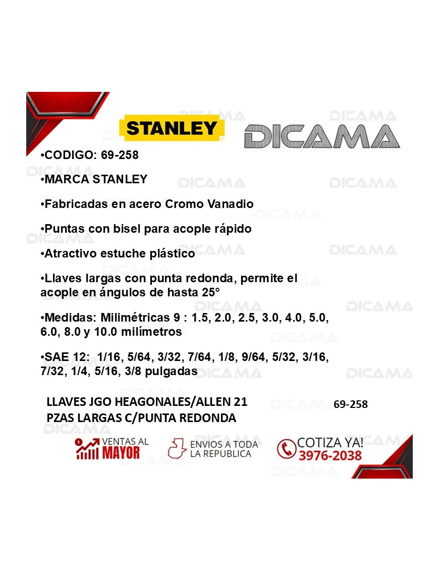 JUEGO DE LLAVES HEAGONALES/ALLEN 21 PZAS LARGAS C/PUNTA REDONDA STANLEY 69-258
