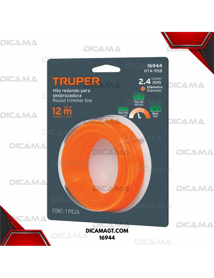 HILO PARA DESBROZADORA ANARANJADO 12 M X 2.4 MM, BLISTER TRUPER 16944