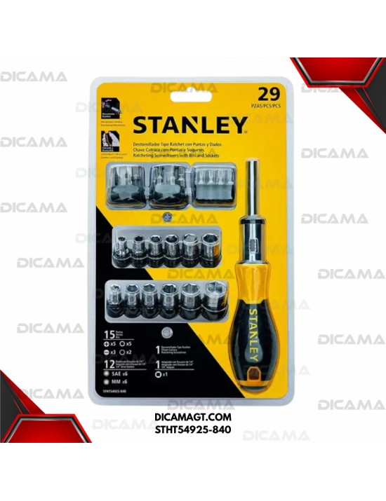 DESARMADOR 14 PUNTAS Y 14 COPAS RACTH 29 PZS 1/4 SAE/MM STANLEY STHT54925-840