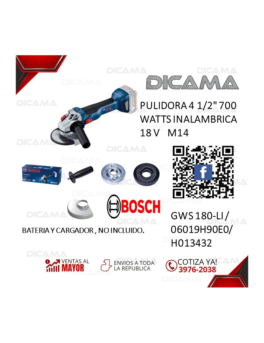 PULIDORA 4 1/2 INALAMBRICA 18V 700 WATTS M14 BOSCH GWS 180-LI /06019H90E0/H013432