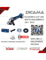 PULIDORA 4 1/2 INALAMBRICA 18V 700 WATTS M14 BOSCH GWS 180-LI /06019H90E0/H013432