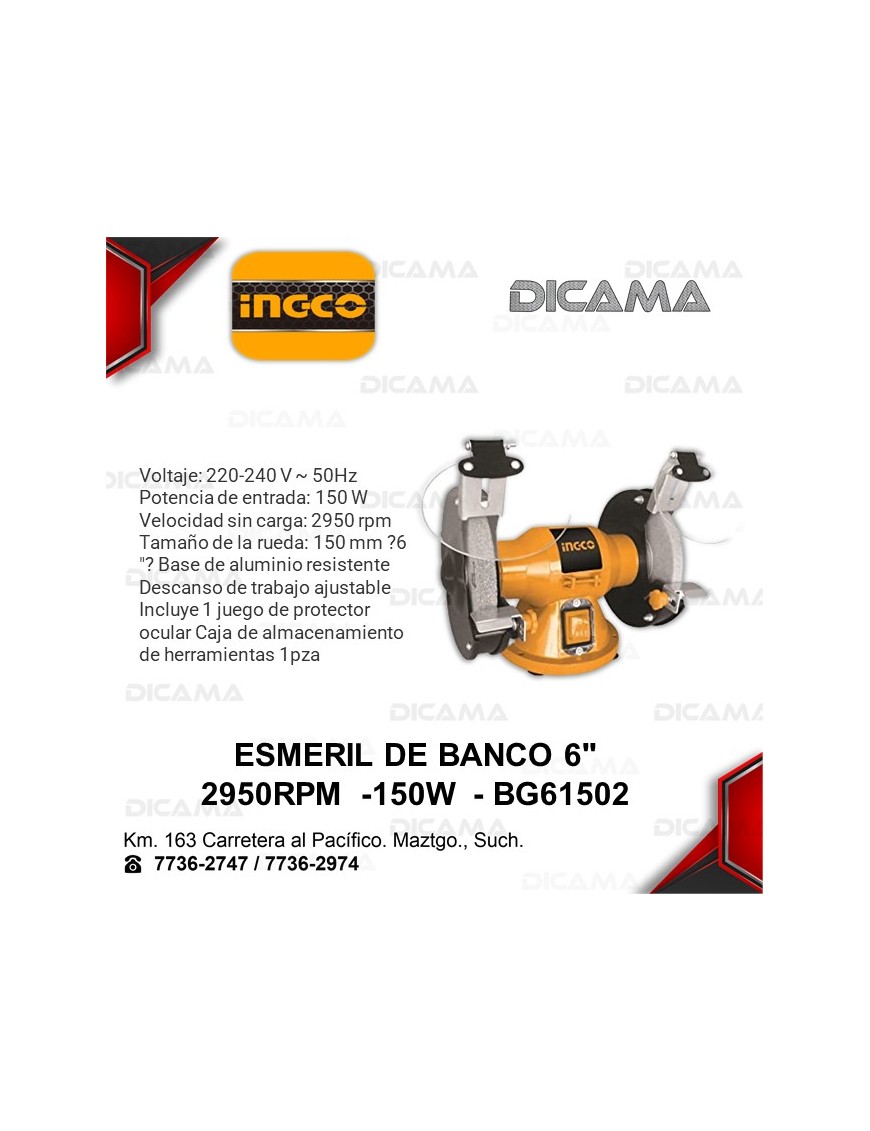 ESMERIL DE BANCO 6" 1/2 HP MOTOR