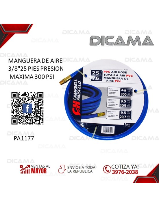MANGUERA DE AIRE 3/8"25 PIES PRESION MAXIMA 300 PSI