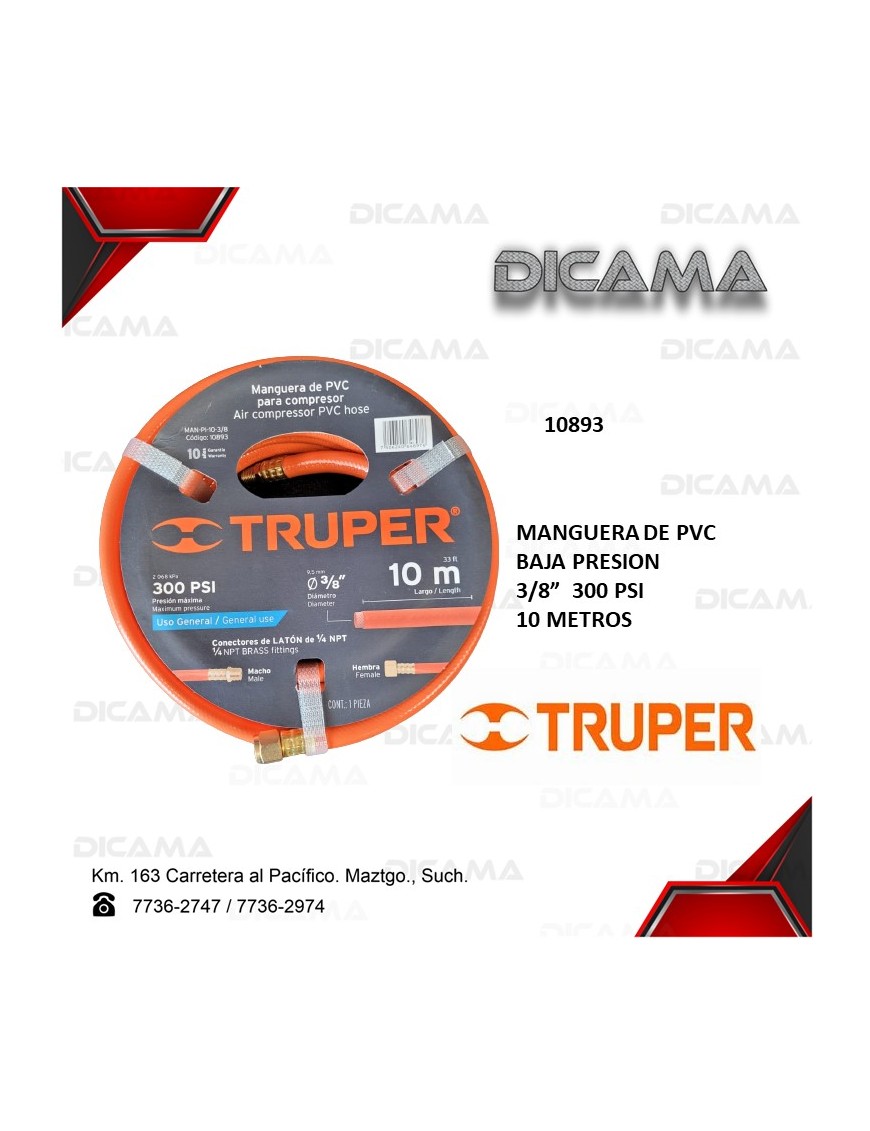 MANGUERA DE PVC BAJA PRESION 3/8" 10M" 300 PSI