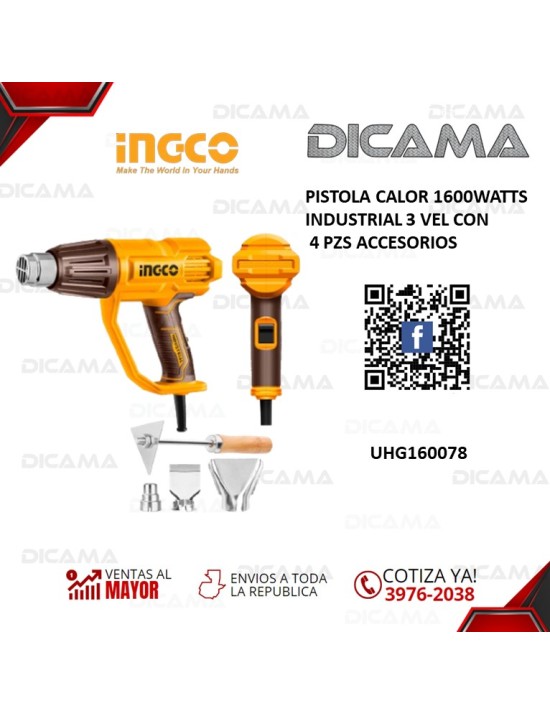 PISTOLA CALOR 1600WATTS INDUSTRIAL 3 VEL CON 4 PZS ACCESORIOS