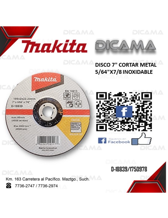 DISCO 7" CORTAR METAL 5/64"X7/8 INOXIDABLE 12