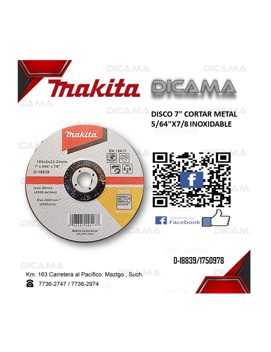 DISCO 7" CORTAR METAL 5/64"X7/8 INOXIDABLE 12