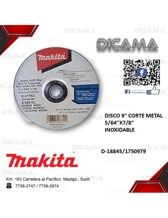 DISCO 9" CORTE METAL 5/64"X7/8" INOXIDABLE 16
