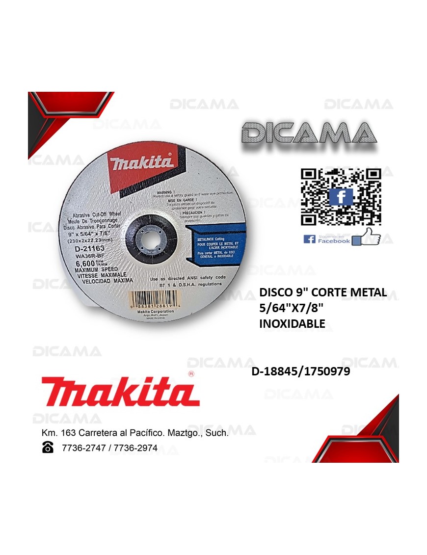 DISCO 9" CORTE METAL 5/64"X7/8" INOXIDABLE 16