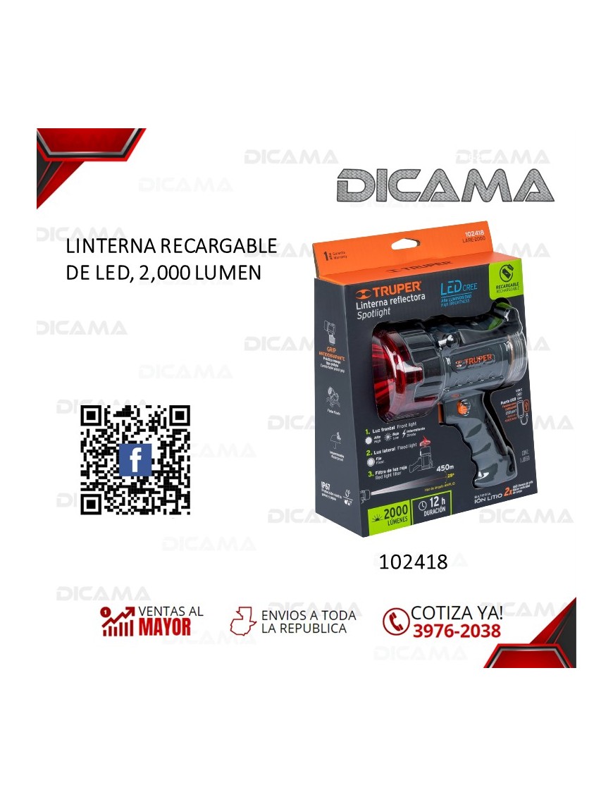 LINTERNA RECARGABLE DE LED, 2,000 LUMEN