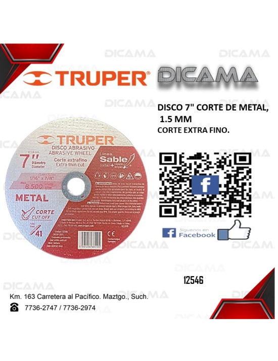 DISCO 7" CORTE DE METAL,  1.5 MM
