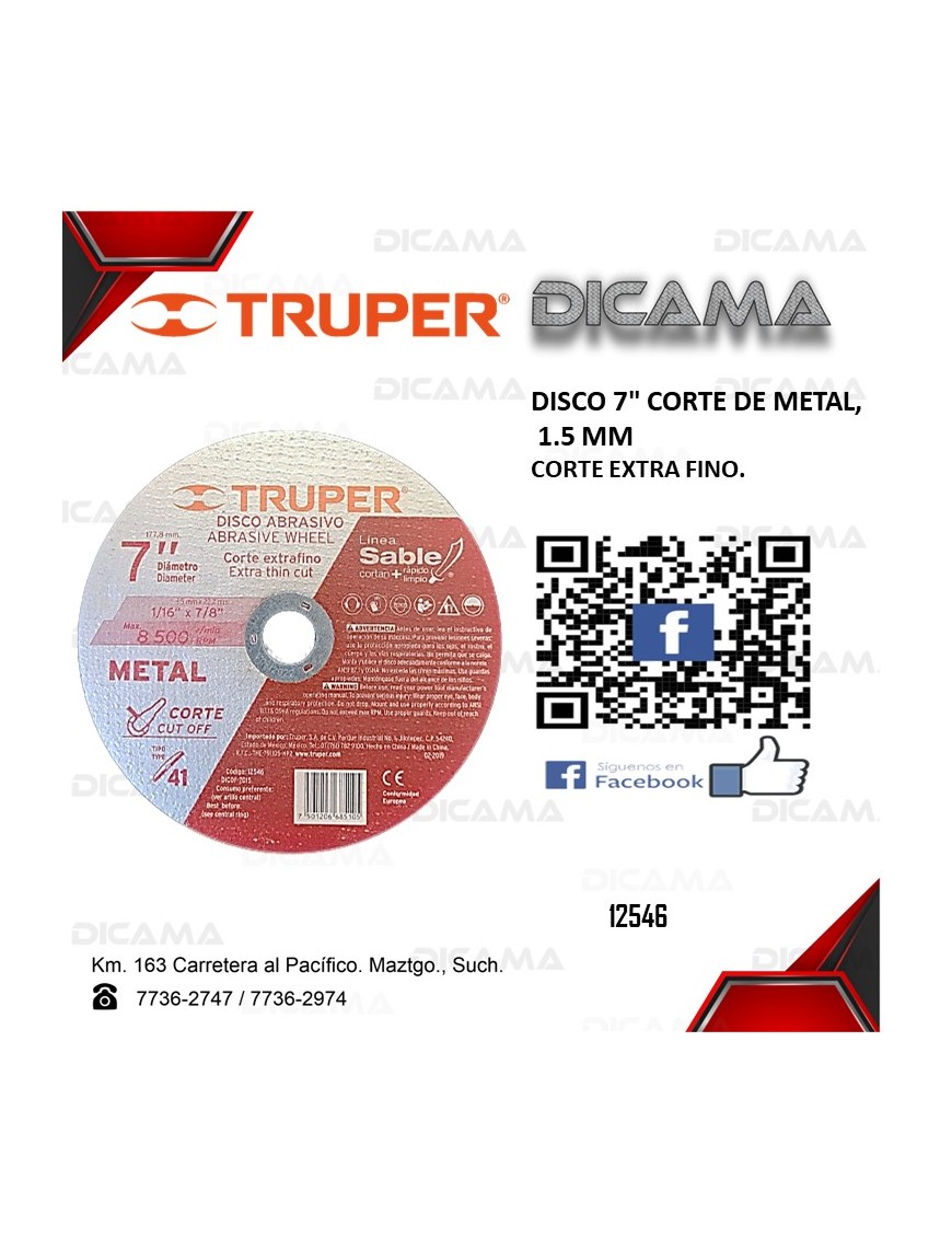 DISCO 7" CORTE DE METAL,  1.5 MM