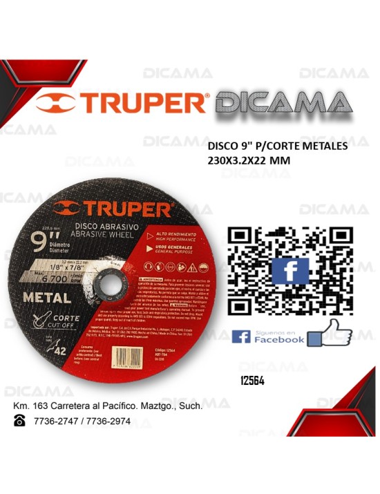 DISCO 9" CORTE METALES 230X3.2X22 MM
