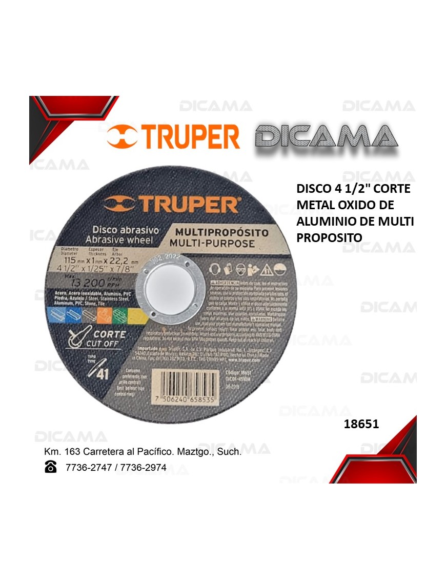 DISCO 4 1/2" CORTE METAL OXIDO DE ALUMINIO DE MULTI PROPOSITO