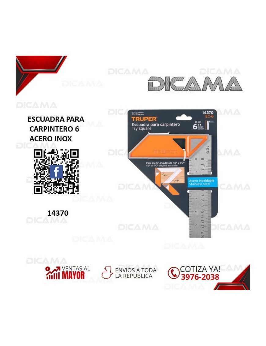 ESCUADRA 6" PARA CARPINTERO ACERO INOX