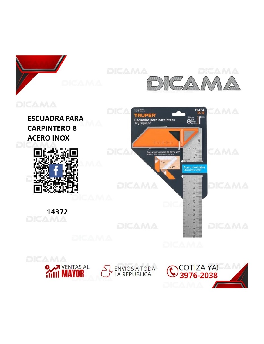 ESCUADRA 8" PARA CARPINTERO ACERO INOX