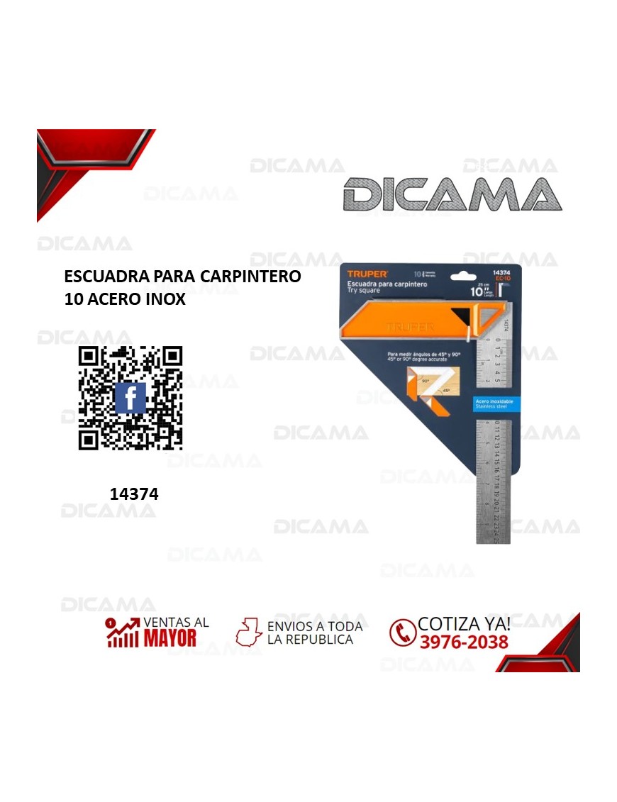 ESCUADRA 10" PARA CARPINTERO ACERO INOX