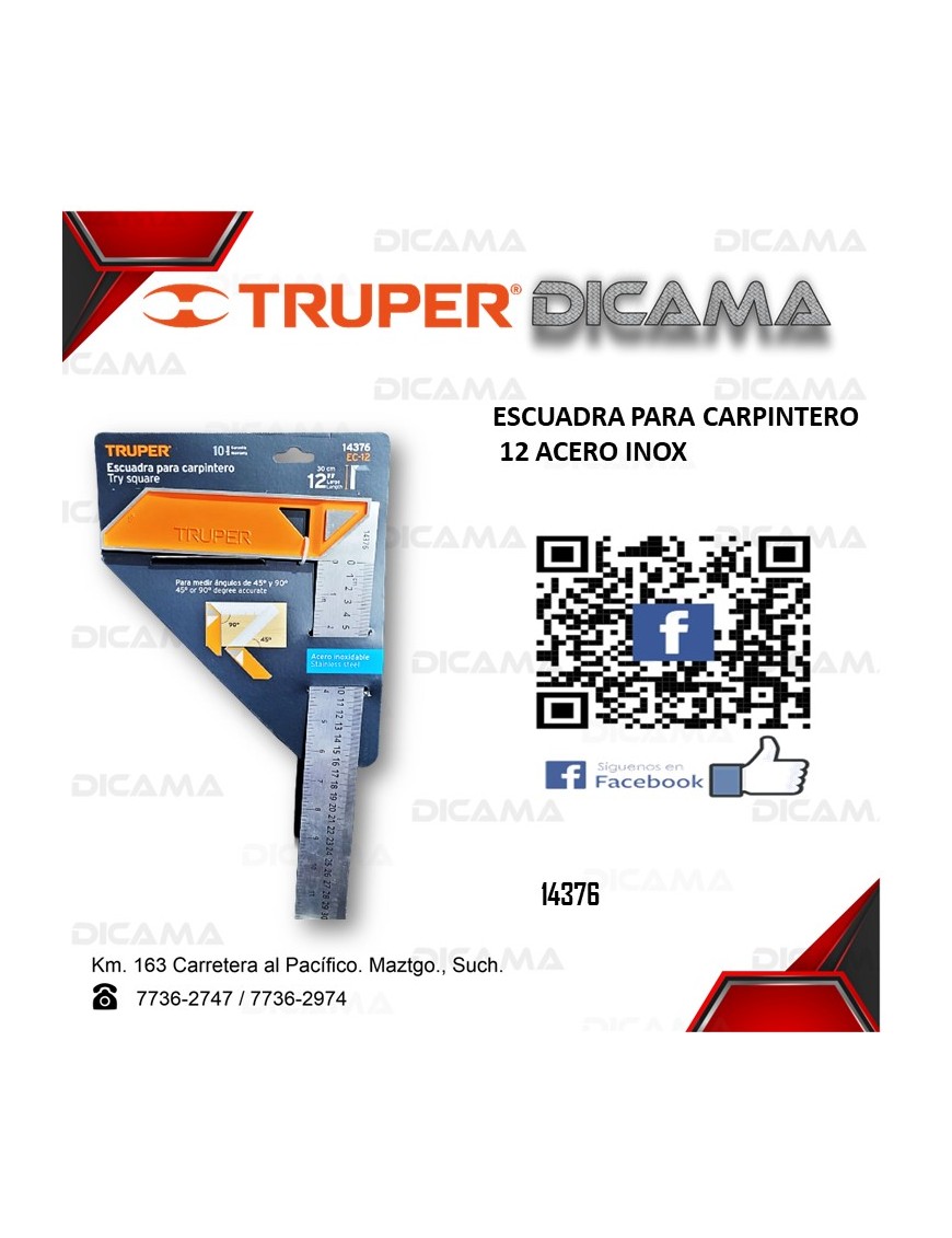 ESCUADRA 12" PARA CARPINTERO ACERO INOX