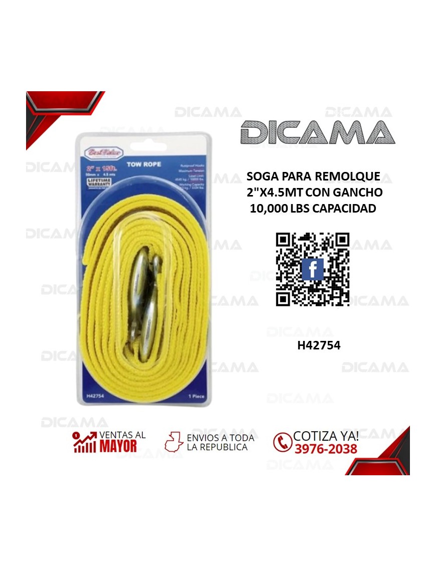 SOGA PARA REMOLQUE 2"X4.5MT CON GANCHO 10,000 LBS CAPACIDAD