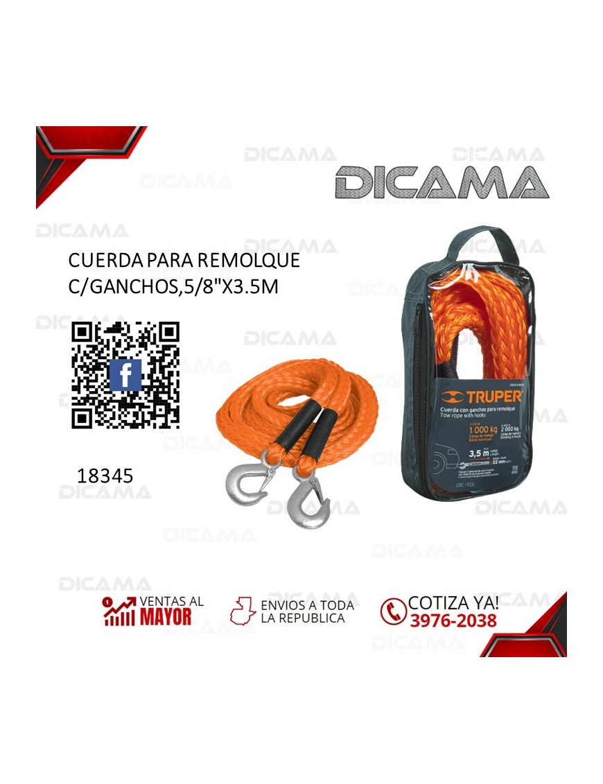 CUERDA PARA REMOLQUE C/GANCHOS 22MM X 3.5MTS