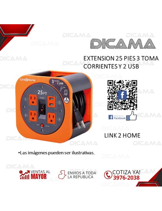 EXTENSION 25 PIES 3 TOMA CORRIENTES Y 2 USB