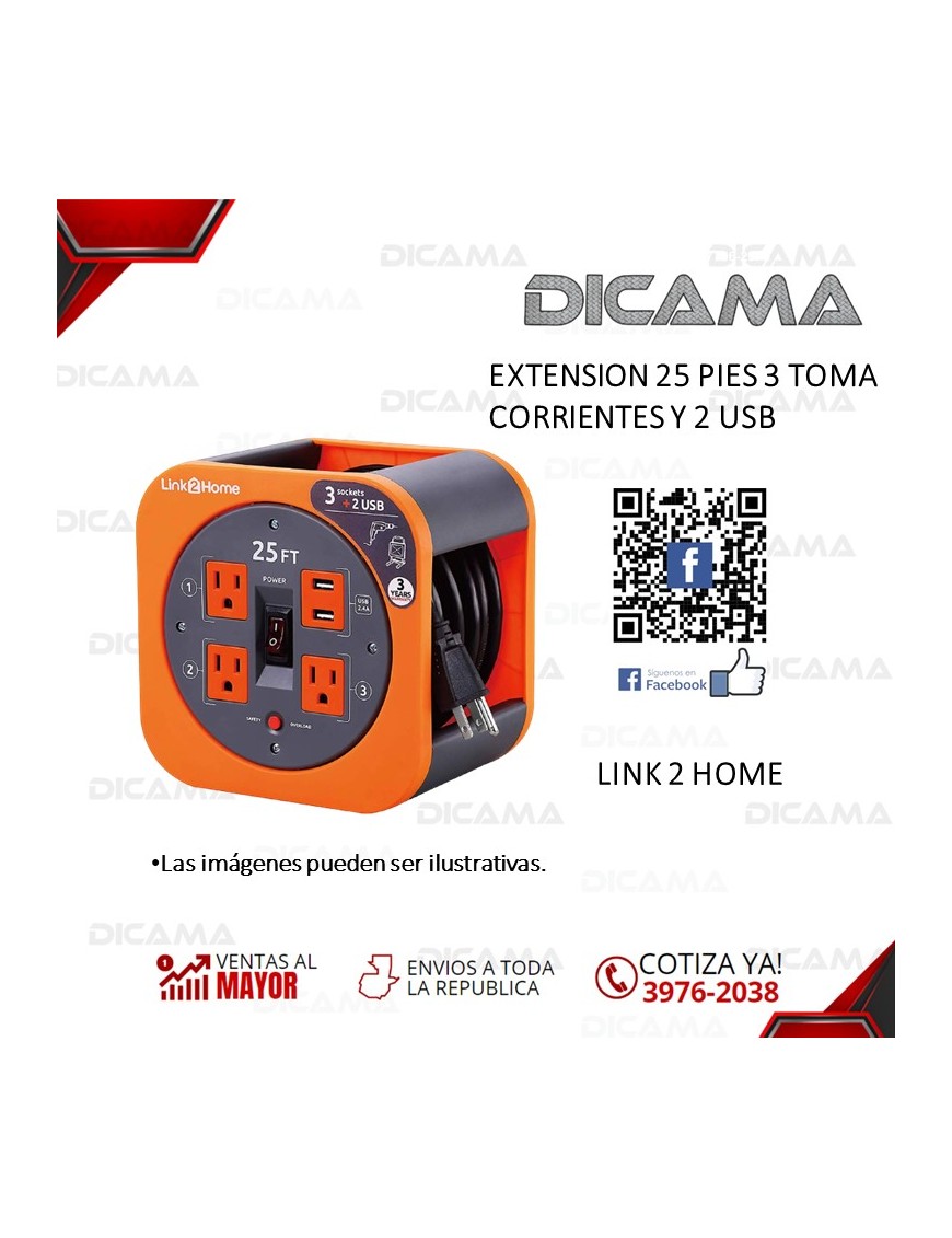 EXTENSION 25 PIES 3 TOMA CORRIENTES Y 2 USB