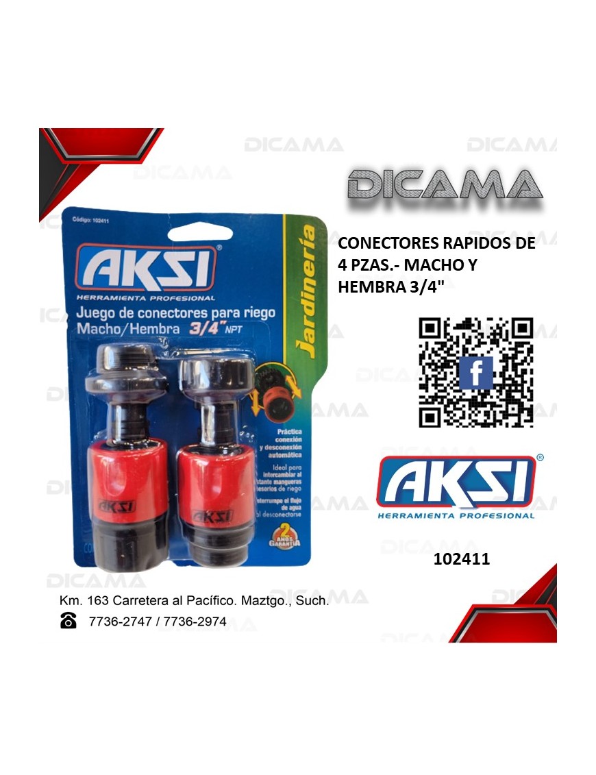 CONECTORES RAPIDOS DE 4 PZAS MACHO Y HEMBRA 3/4 AKSI 102411