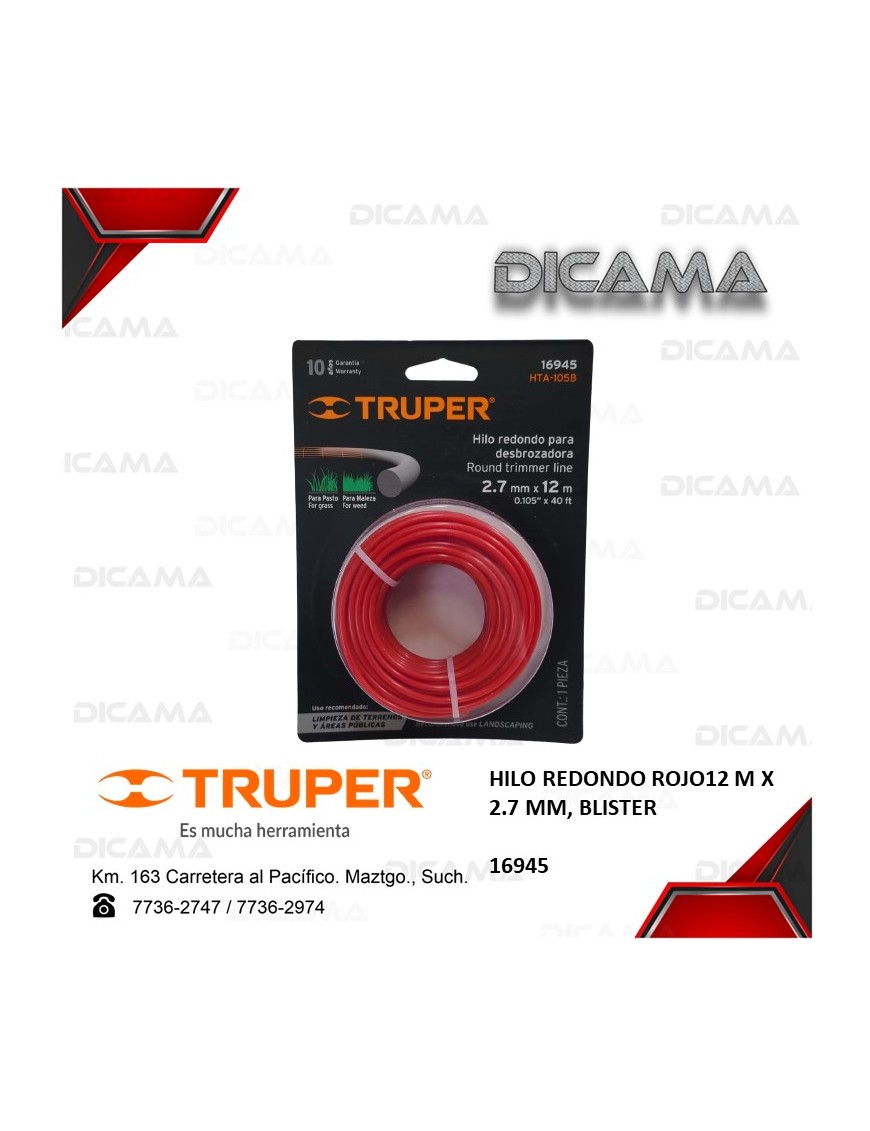 HILO PARA DESBROZADORA ROJO12 M X 2.7 MM