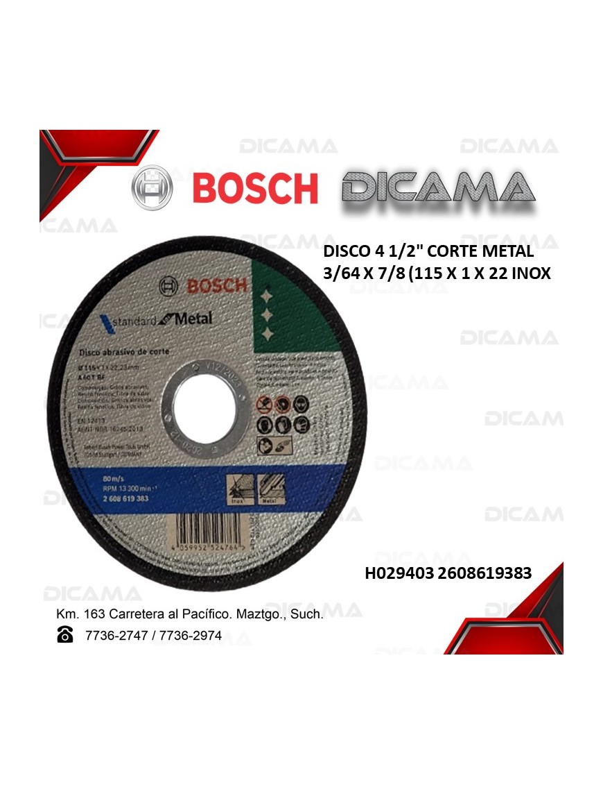 DISCO 4 1/2" CORTE METAL 3/64 X 7/8 (115 X 1 X 22 INOX
